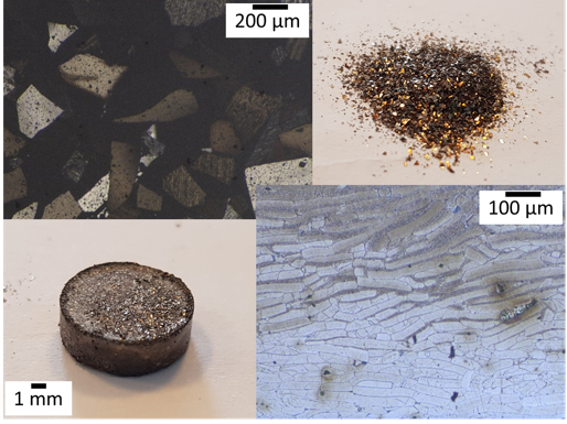 Example of neodymium powder and disc after sintering. The structures before (upper left) and after (lower right) the process are shown.